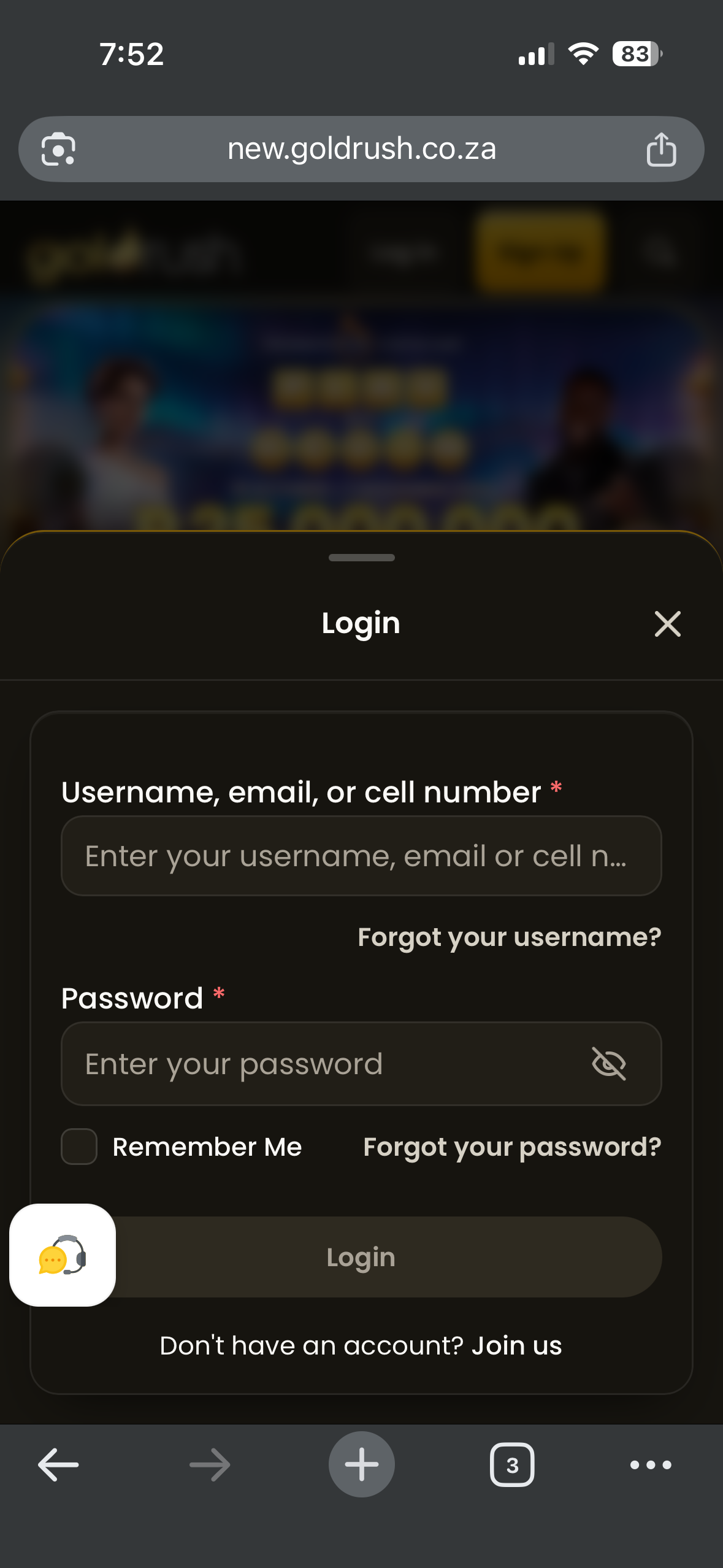 Goldrush Casino login screen showing username, email or cellphone number, password and account recovery options