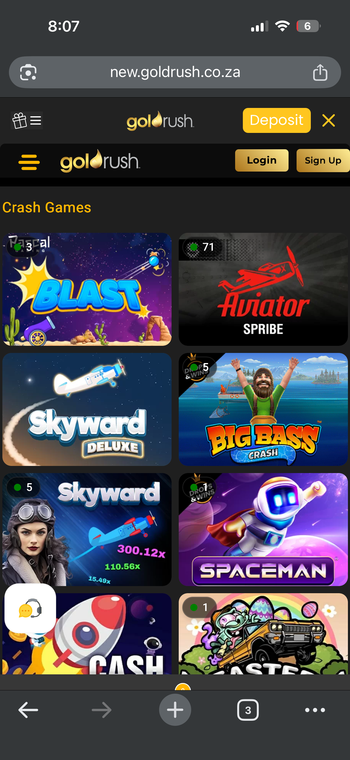 Goldrush Casino South Africa mobile website showing online casino games, sports betting navigation and browser-based gaming interface