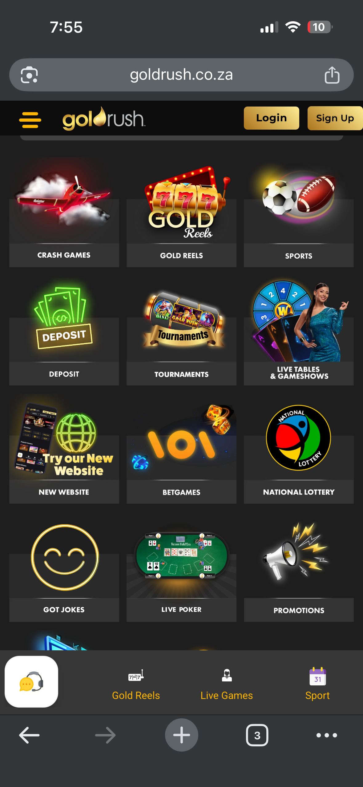 Goldrush Casino South Africa gaming lobby featuring online slots, live casino and casino game categories