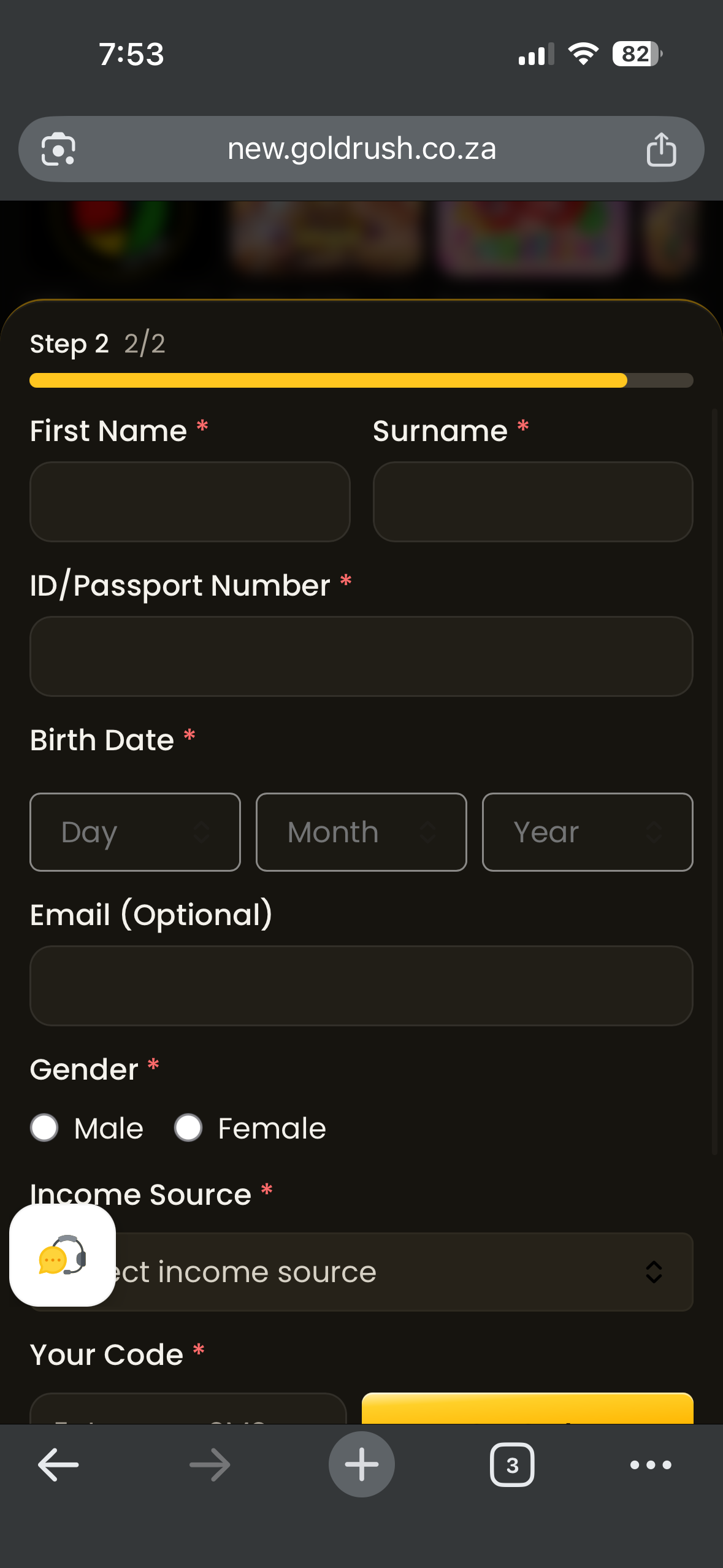 Goldrush Casino registration step two showing name, ID or passport number, birth date, optional email and income source fields