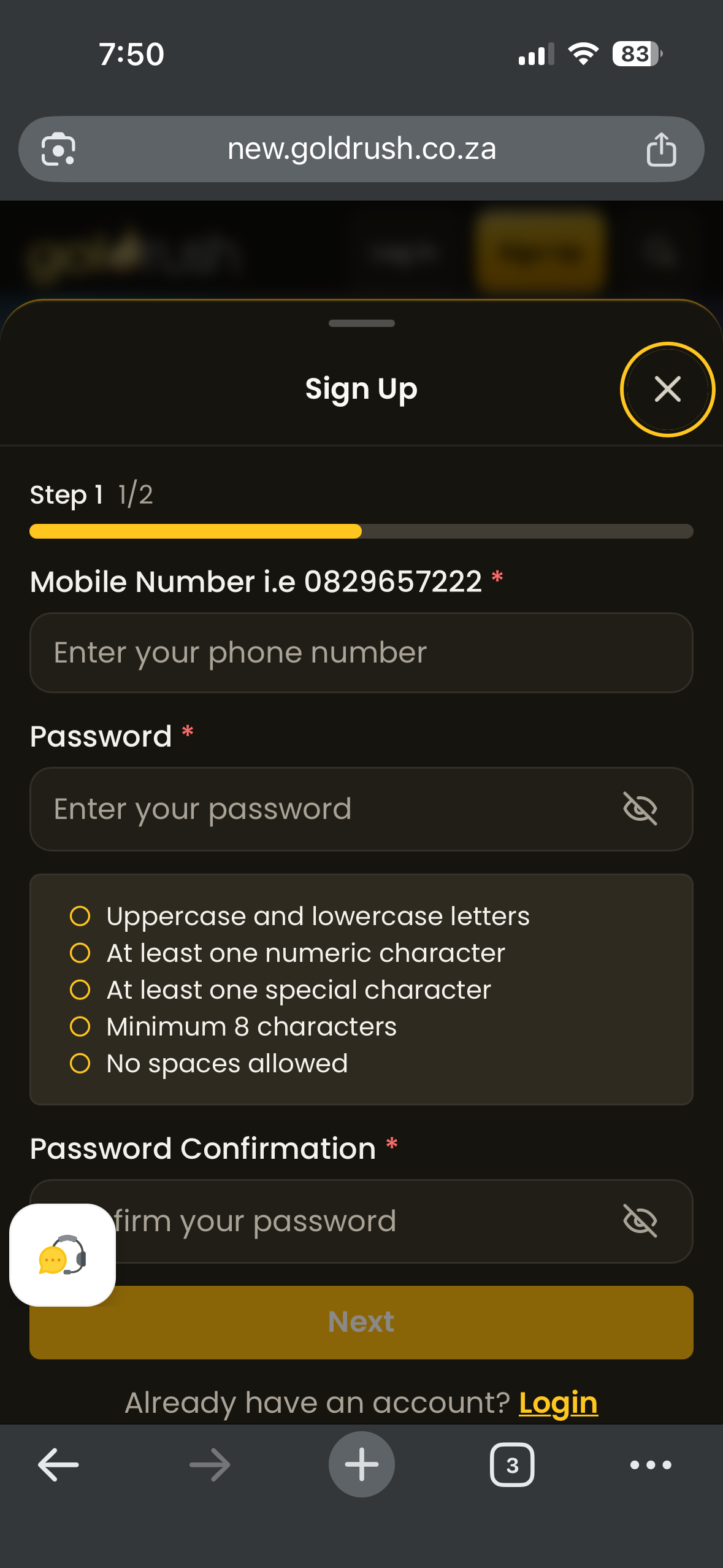 Goldrush Casino registration step one showing mobile number, password requirements and password confirmation