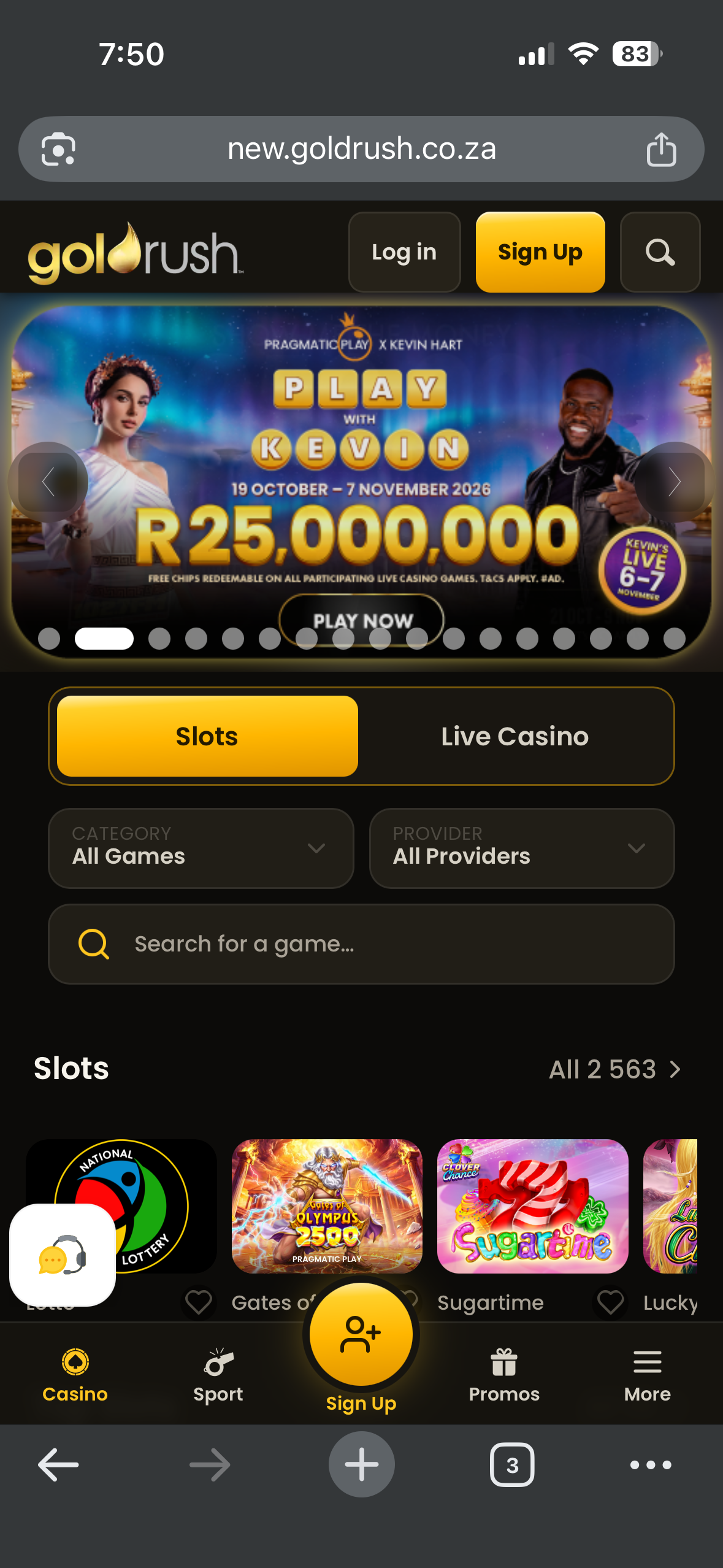 Goldrush Casino mobile homepage showing the yellow Sign Up button and registration navigation