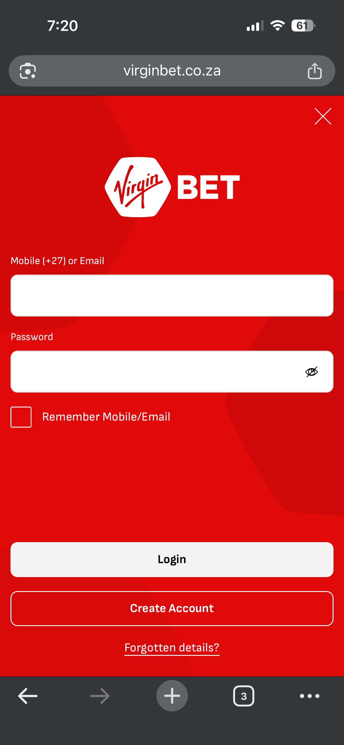 Virgin Bet South Africa login screen