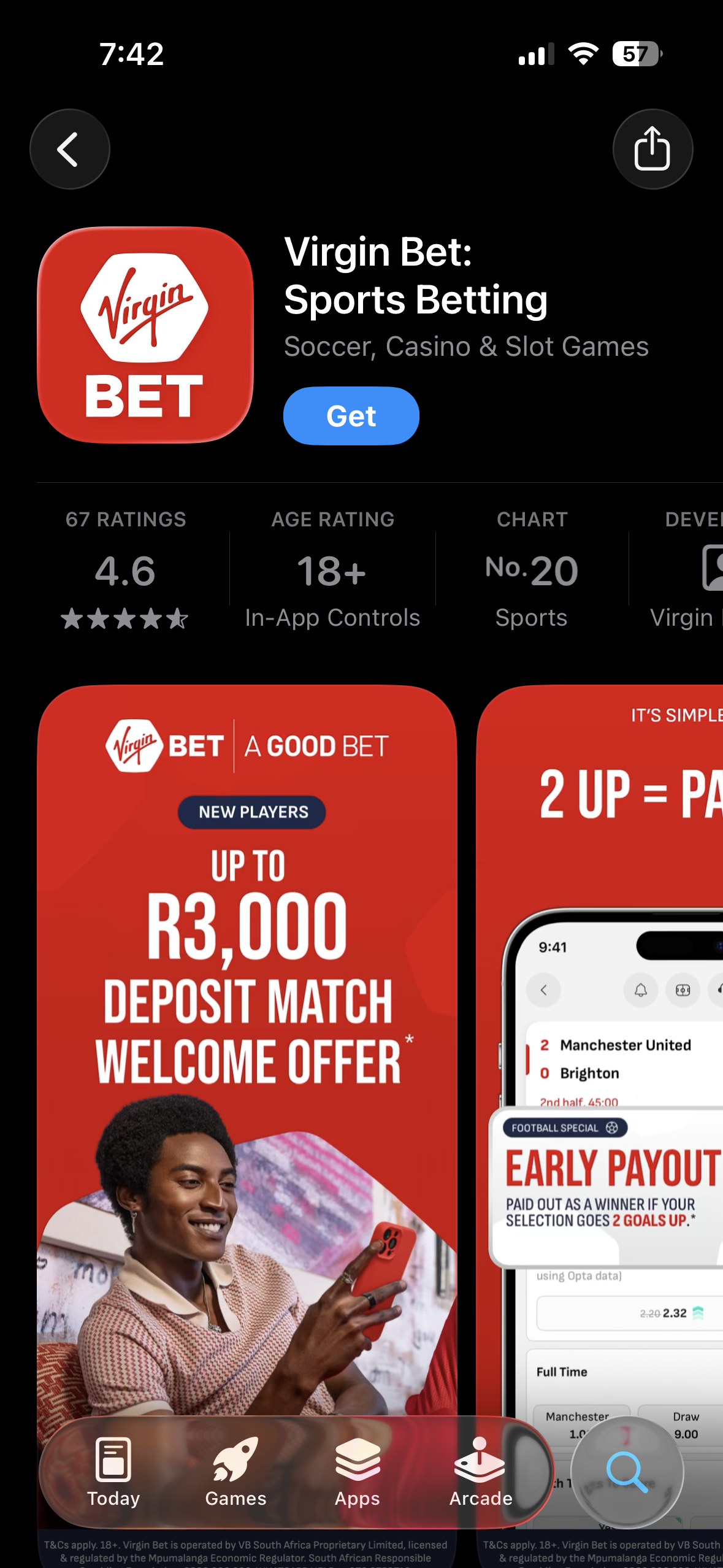 Virgin Bet South Africa mobile app interface